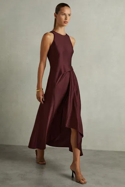 Reiss Burgundy Satin Drape Tuck Midi Dress