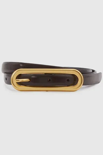 Reiss Chocolate Chaya Thin Leather Elongated Buckle Belt