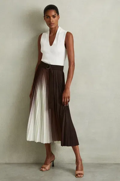 Reiss Chocolate Pleated Crepe Ombré Midi Skirt