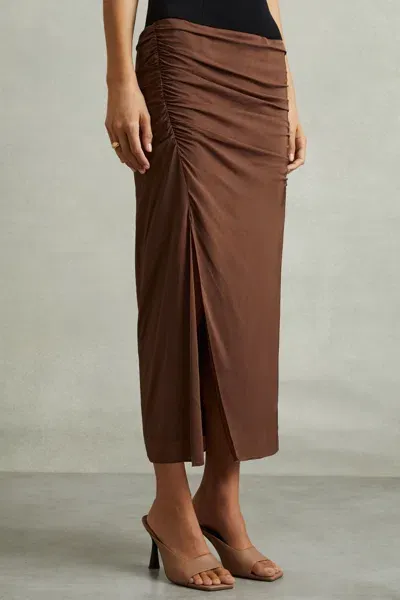 Reiss Chocolate Ruched Front Split Midi Skirt