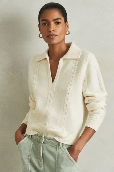 Reiss Cream Wool-cashmere Cropped Open-collar Jumper