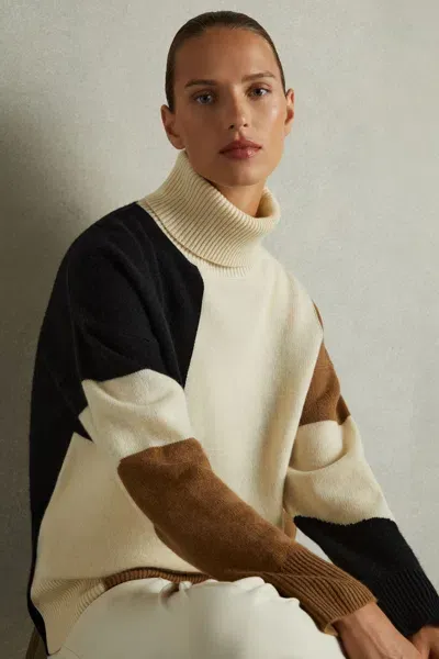 Reiss Cream/brown Ezra Wool And Cashmere Colourblock Intarsia Jumper In Multi