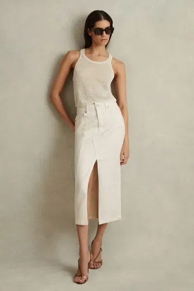 Reiss Ivory High Rise Denim Midi Skirt