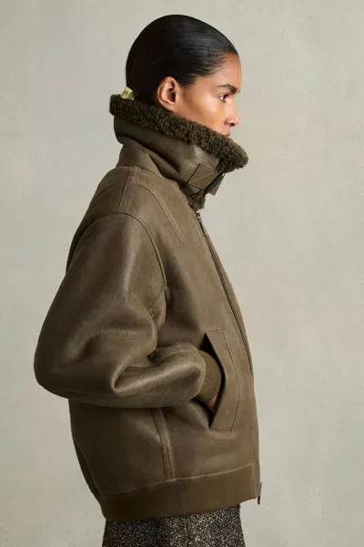 Reiss Dark Khaki Shearling Aviator Jacket