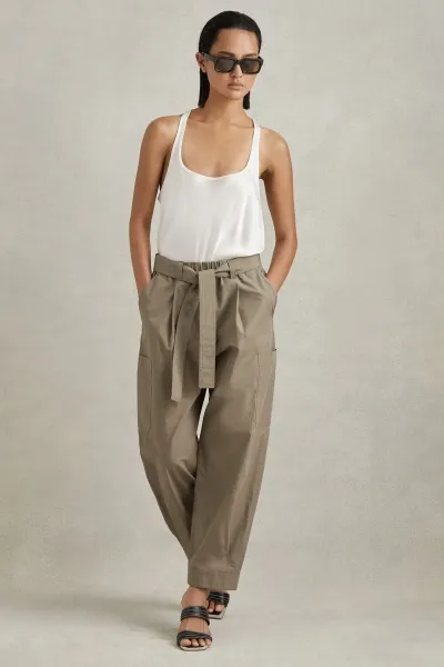 Reiss Khaki Delia Cotton Tapered Parachute Trousers