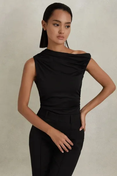 Reiss Black Ruched Off-the-shoulder Top