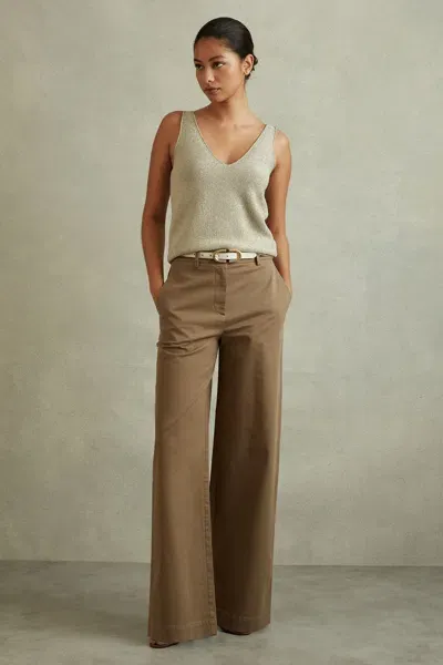 Reiss Dark Camel Petite Cotton Blend Wide Leg Trousers