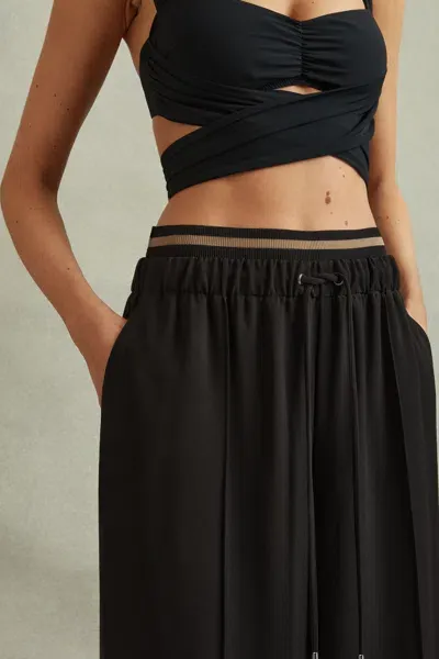 Reiss Black Petite Waistband Detail Wide Leg Trousers