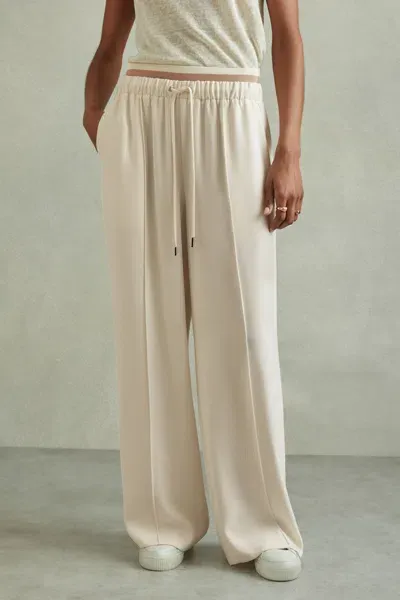 Reiss Cream Petite Waistband Detail Wide Leg Trousers