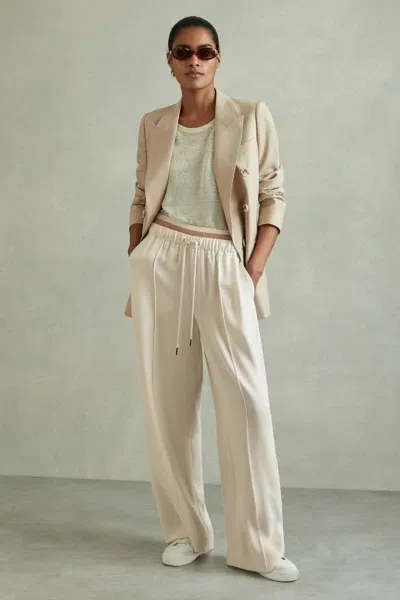 Reiss Cream Waistband Detail Wide Leg Trousers