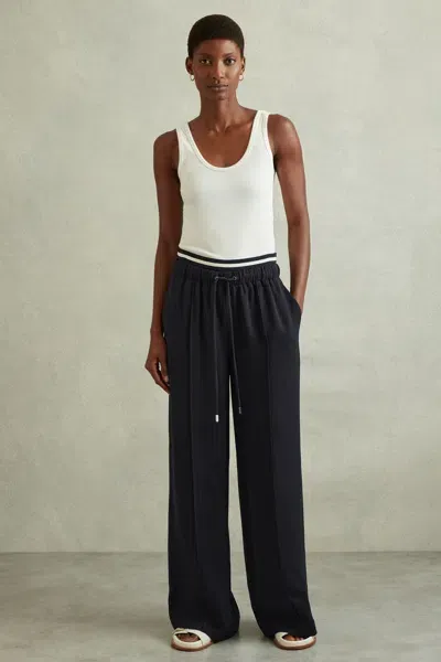 Reiss Navy Petite Waistband Detail Wide Leg Trousers