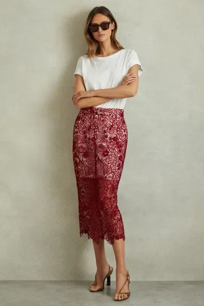 Reiss Flo Lace-embroidered High-rise Woven Pencil Skirt In Burgundy