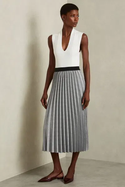 Reiss Grey Nova Checked Pleated Midi Skirt