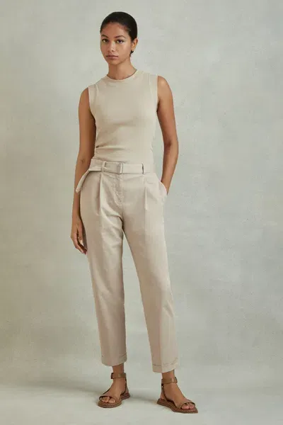 Reiss Stone Cropped Cotton Blend Belted Trousers