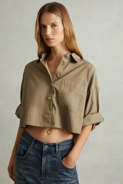 Reiss Khaki Solene Cropped Cotton Shirt