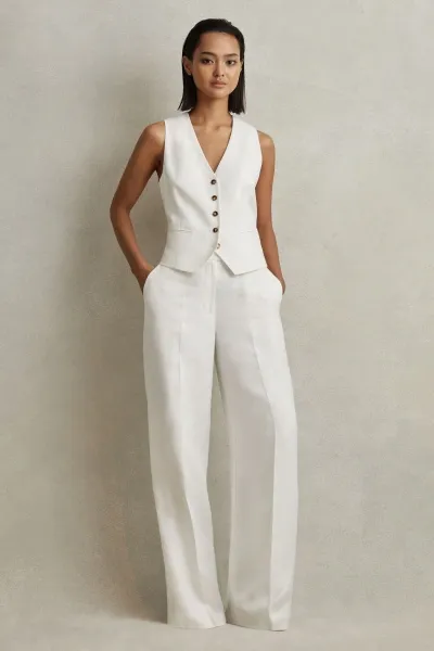 Reiss White Viscose-linen Wide Leg Suit Trousers