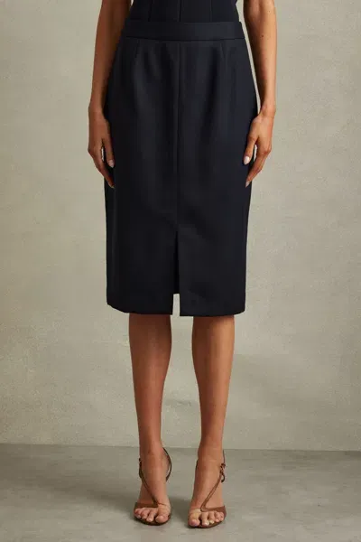 Reiss Navy Petite Textured Pencil Midi Suit Skirt