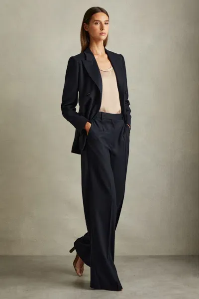 Reiss Navy Petite Textured Wide Leg Suit Trousers