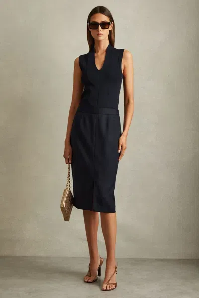 Reiss Navy Textured Pencil Midi Suit Skirt