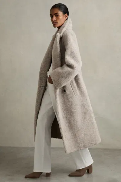 Reiss Neutral Double Breasted Long Shearling Coat