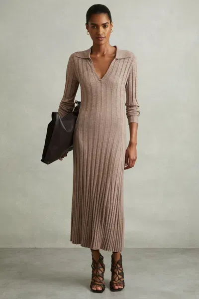 Reiss Neutral Petite Knitted Open Collar Midi Dress