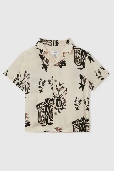 Reiss Off White/black Relaxed Printed Cuban Collar Shirt In Neutral