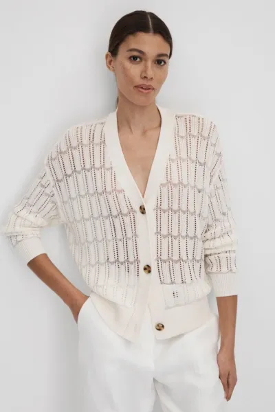 Reiss Ottie Crocheted Cardigan Sweater In Ivory