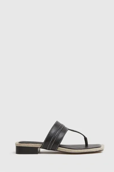 Reiss Black Leather Strap Thong Sandals