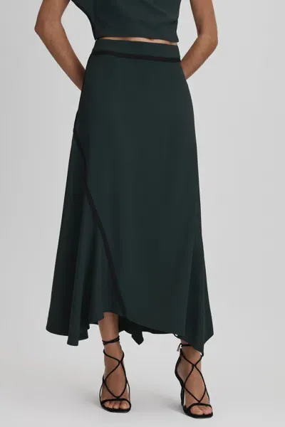 Reiss Green Asymmetric Contrast Trim Midi Skirt