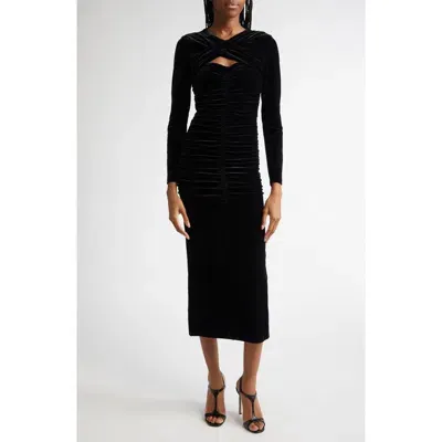 Reiss Sia Ruched Long Sleeve Velvet Maxi Dress In Black