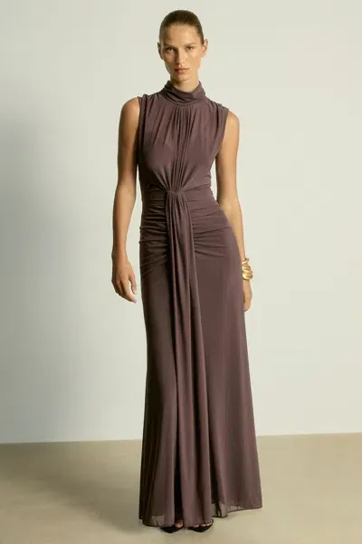 Reiss Taupe Sheer Ruched Maxi Dress