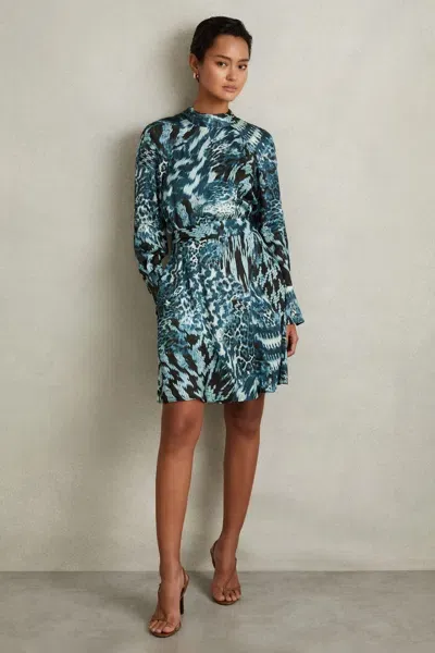 Reiss Teal Printed Belted Tie Neck Mini Dress