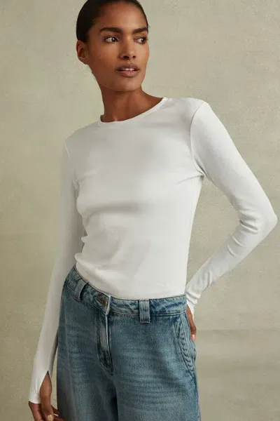 Reiss White Cotton Blend Crew Neck Top