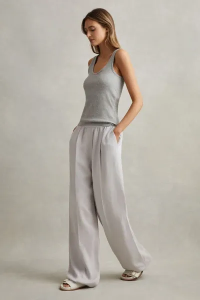 Reiss Light Blue Petite Lyocell Linen Wide Leg Trousers