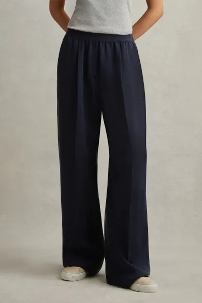 Reiss Navy Petite Lyocell Linen Wide Leg Trousers