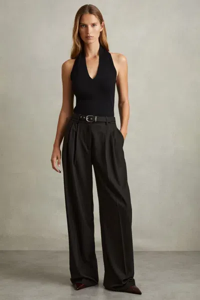 Reiss Black Freja Wide Belted Wide Leg Trousers