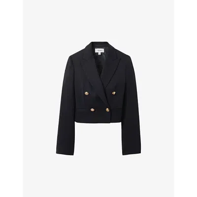 Reiss Navy Leigh Cropped Wool-blend Double-breasted Blazer