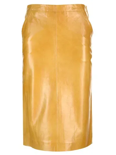 Remain Birger Christensen Midi Leather Skirt Kelp Comb. In Yellow