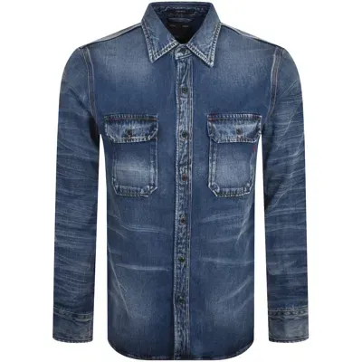 Replay Long Sleeved Mid Wash Denim Shirt Blue