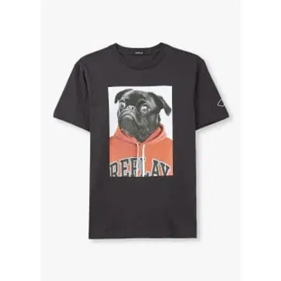 Replay Mens Classic Pug Print T-shirt In Nearly Black In Black Fabric