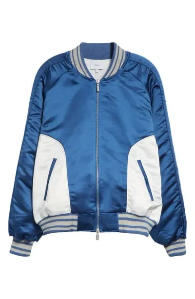 Rhude Chamonix Ski Souvenir Satin Bomber Jacket In Blue And White