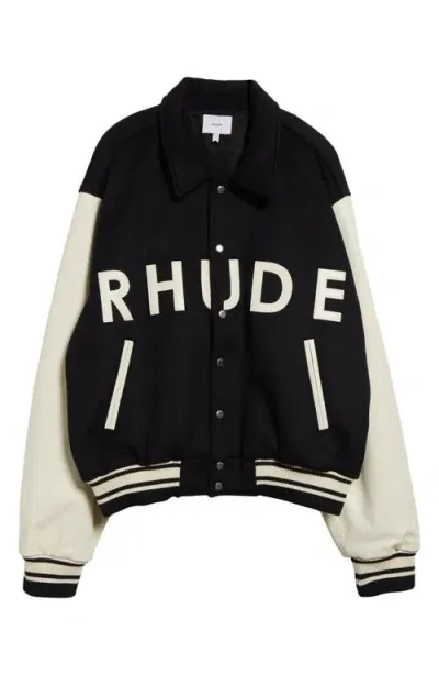 Rhude Collegiate Mixed Media Varsity Jacket In Black & Cream