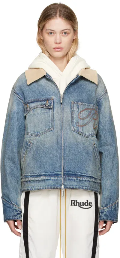 Rhude Indigo Western Denim Jacket In 0492 Indigo/tan