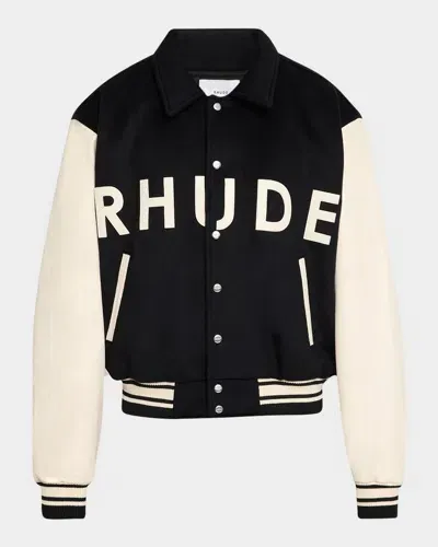 Rhude Collegiate Logo-appliquéd Wool And Leather Bomber Jacket In Black