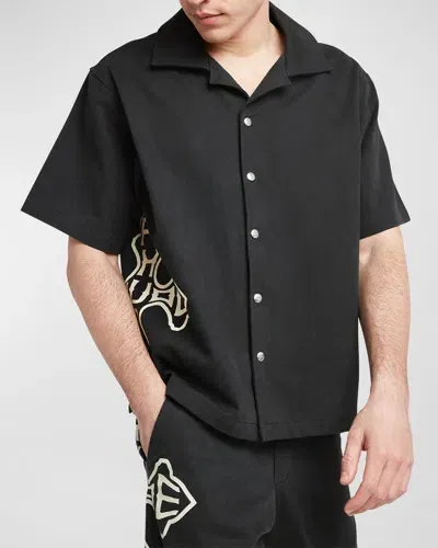 Rhude Camp-collar Logo-print Cotton-twill Shirt In Black