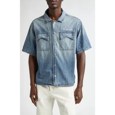 Rhude Wabash Stripe Short Sleeve Denim Snap-up Shirt In Indigo