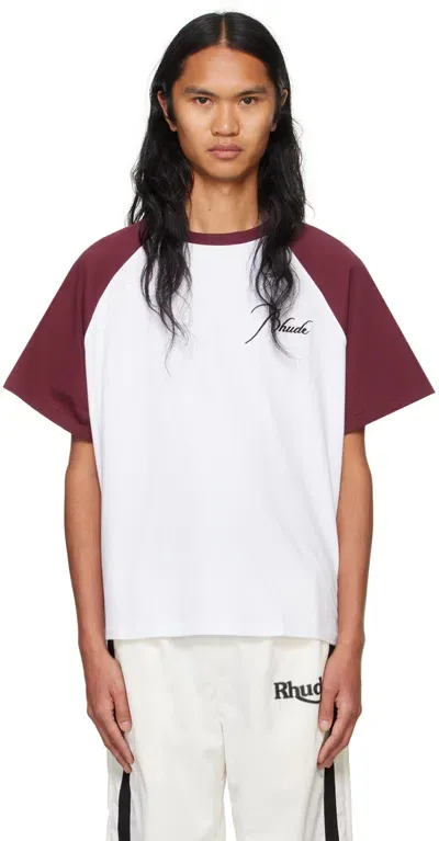 Rhude White & Burgundy Raglan Logo T-shirt