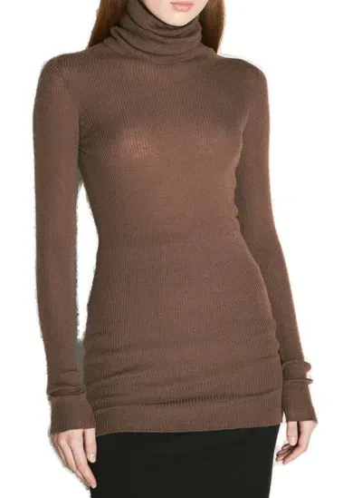 Rick Owens Drkshdw Ribbed Tube Turtleneck Jumper In Brown