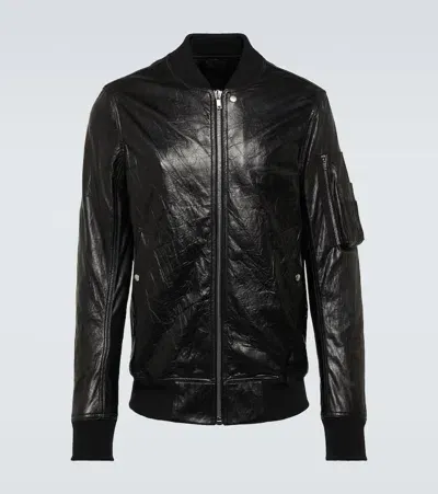 Rick Owens Leather Bomber Jacket In Black