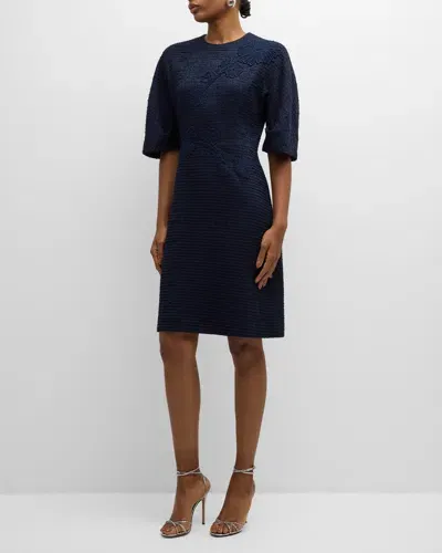 Rickie Freeman For Teri Jon A-line Floral Applique Boucle Dress In Navy